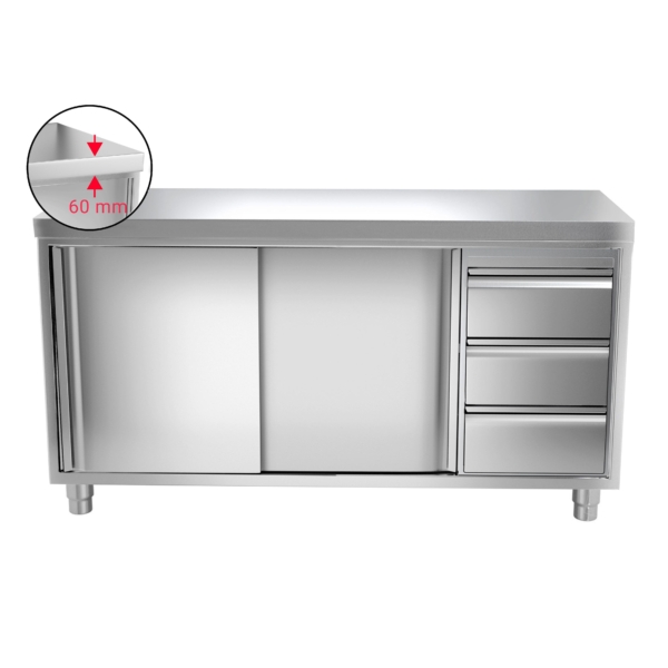 Armoire de travail inox PREMIUM - 1800x700mm - avec 3 tiroirs à droite sans rebord