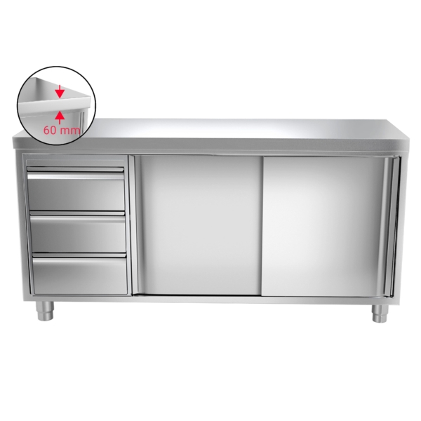 Armoire de travail inox PREMIUM - 2000x700mm - avec 3 tiroirs à gauche sans rebord