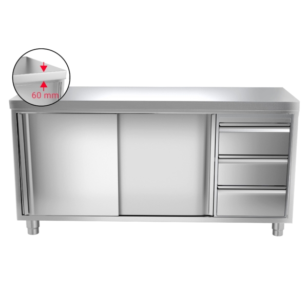 Armoire de travail inox PREMIUM - 2000x700mm - avec 3 tiroirs à droite sans rebord