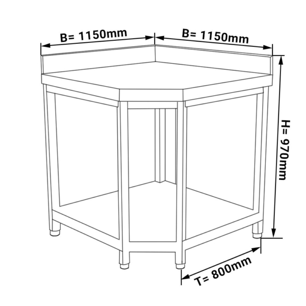 Table de travail d'angle en inox PREMIUM - 1150x800mm - avec fond de base & rebord