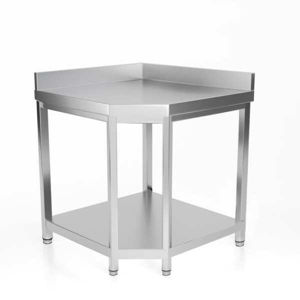 Table de travail d'angle en inox PREMIUM - 1150x800mm - avec fond de base & rebord