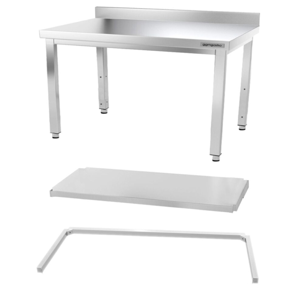 Table de travail en inox PREMIUM - 1400x800mm - avec fond de base, rebord & contreventement