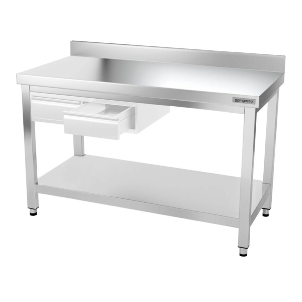 Table de travail en inox PREMIUM - 1400x800mm - avec fond de base, rebord & contreventement