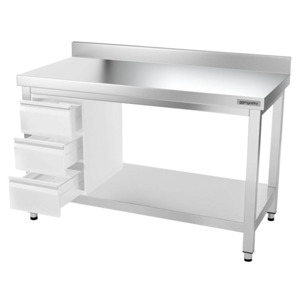 Table de travail en inox PREMIUM - 1400x800mm - avec fond de base, rebord & contreventement