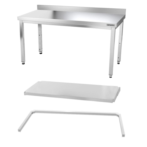 Table de travail en inox PREMIUM - 1600x600mm - avec fond de base, rebord & contreventement