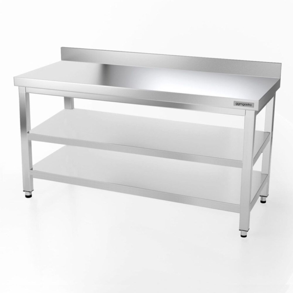 Table de travail en inox PREMIUM - 1600x800mm - avec plancher de base, rebord & plancher intermédiaire