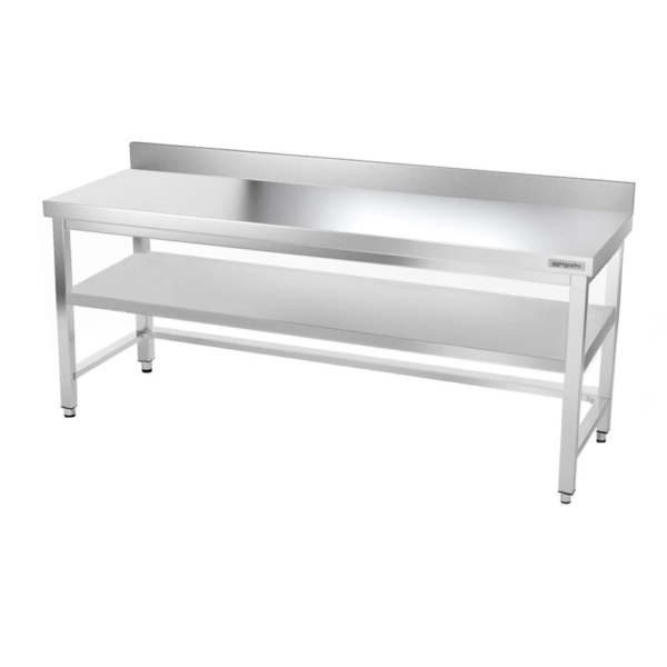 Table de travail en inox PREMIUM - 2000x600mm - avec fond de base, rebord & contreventement