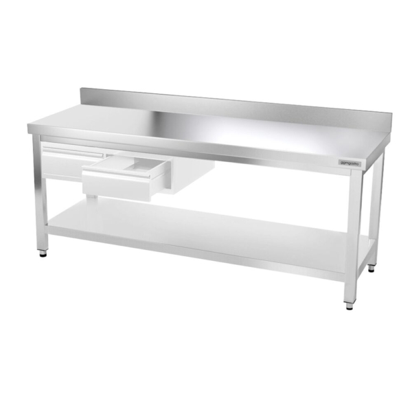 Table de travail en inox PREMIUM - 2000x600mm - avec fond de base, rebord & contreventement