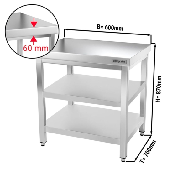 Table de travail en inox PREMIUM - 600x700mm - avec fond de base & étagère intermédiaire