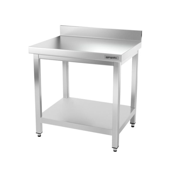 Table de travail en inox PREMIUM - 800x600mm - avec fond de base, rebord & contreventement