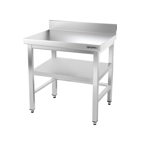 Table de travail en inox PREMIUM - 800x600mm - avec fond de base, rebord & contreventement