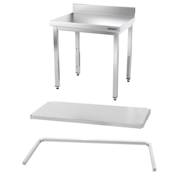 Table de travail en inox PREMIUM - 800x600mm - avec fond de base, rebord & contreventement