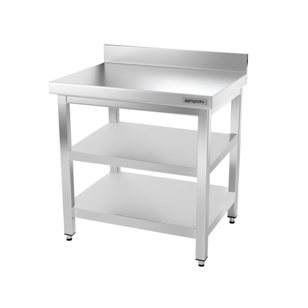 Table de travail en inox PREMIUM - 800x700mm - avec fond de base, rebord & étagère intermédiaire