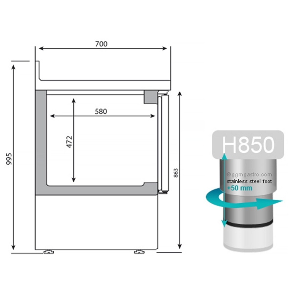 Table réfrigérée Premium PLUS - 1460x700mm - avec 3 portes vitrées & rebord