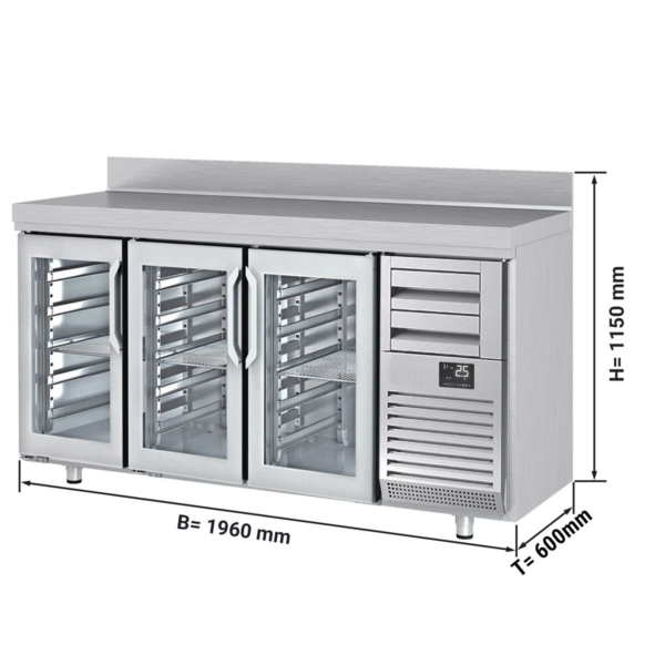 Table réfrigérée pour bar et boissons Premium PLUS - 1960x600mm - avec 3 portes vitrées, 2 tiroirs & rebord