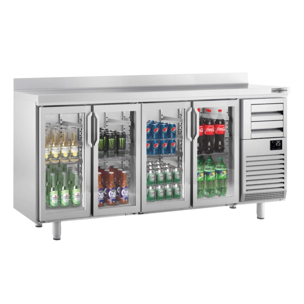 Table réfrigérée pour bar & boissons Premium PLUS - 2450x600mm - avec 4 portes vitrées, 2 tiroirs & rebords