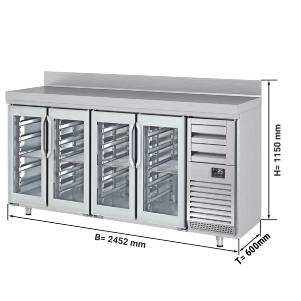 Table réfrigérée pour bar & boissons Premium PLUS - 2450x600mm - avec 4 portes vitrées, 2 tiroirs & rebords