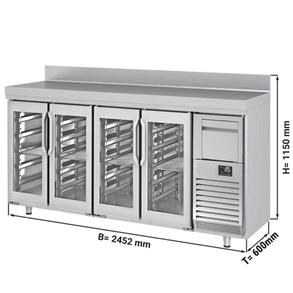 Table réfrigérée pour bar & boissons Premium PLUS - 2450x600mm - avec 4 portes vitrées, rebord & extracteur pour café