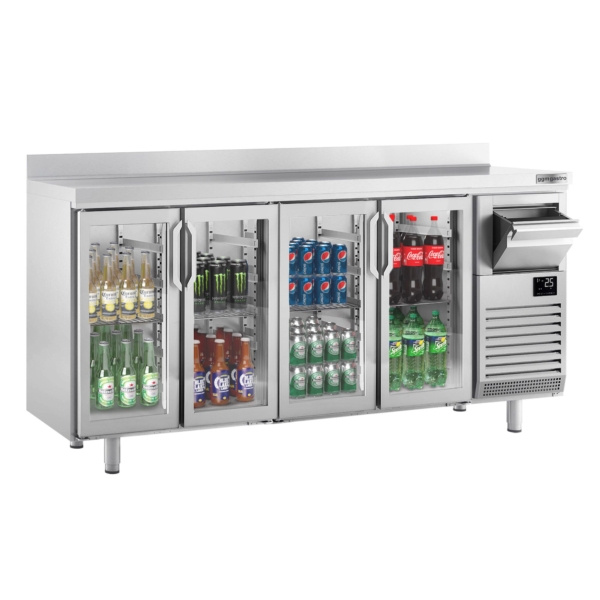 Table réfrigérée pour bar & boissons Premium PLUS - 2450x600mm - avec 4 portes vitrées, rebord & extracteur pour café