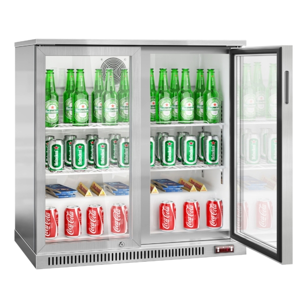 Réfrigérateur bar - 900mm - 220 litres - avec 2 portes battantes en verre - Inox