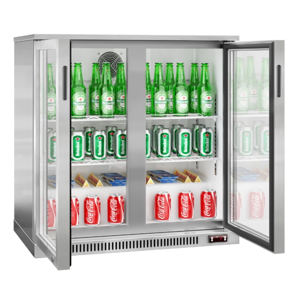 Réfrigérateur bar - 900mm - 220 litres - avec 2 portes battantes en verre - Inox