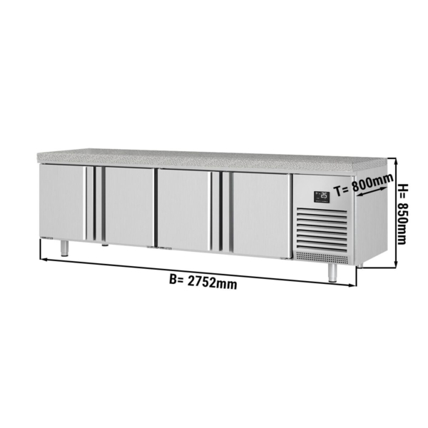 Table réfrigérée de boulangerie Premium PLUS - 2752x800mm - 4 portes & plan de travail en granit