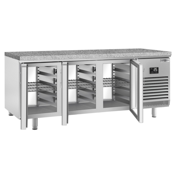 Table réfrigérée de boulangerie Premium PLUS - 2185x800mm - avec passe-plat & plan de travail en granit