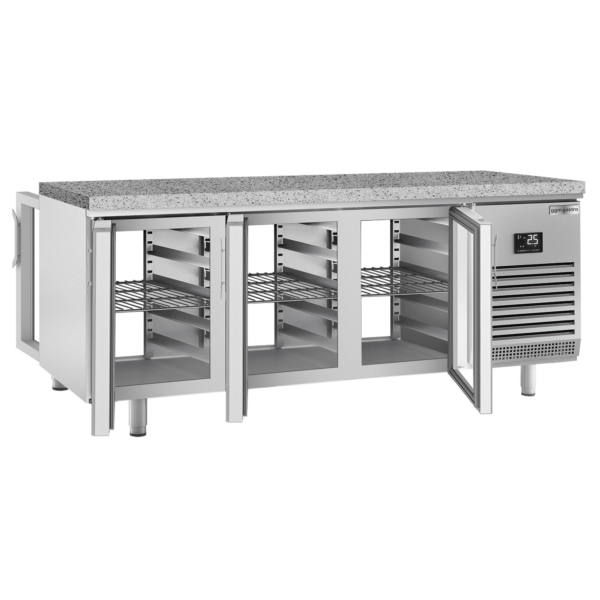 Table réfrigérée de boulangerie Premium PLUS - 2185x800mm - avec passe-plat & plan de travail en granit