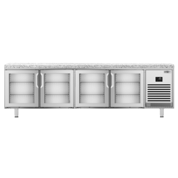 Table réfrigérée de boulangerie Premium PLUS - 2752x800mm - 4 portes vitrées & plan de travail en granit