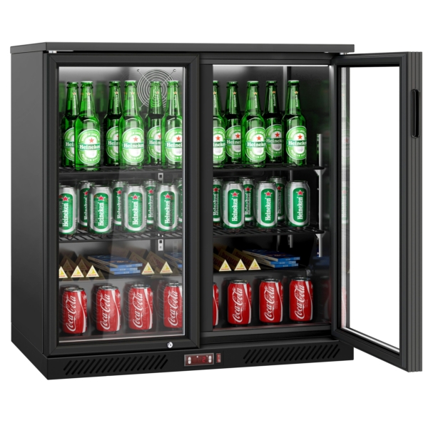 Réfrigérateur bar - 900mm - 220 litres - avec 2 portes battantes en verre - Extérieur & Intérieur Noir