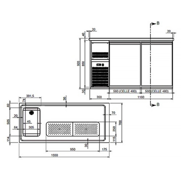 Comptoir à bière Premium PLUS - 1550x700mm - 1 porte & 2 tiroirs