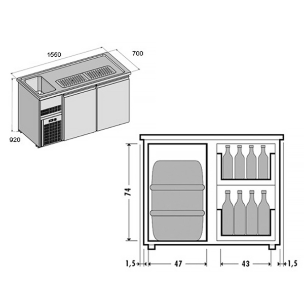 Comptoir à bière Premium PLUS - 1550x700mm - 1 porte & 2 tiroirs