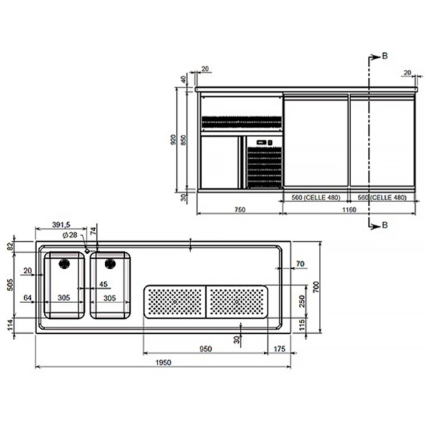 Comptoir à bière Premium PLUS - 1950x700mm - 1 porte & 2 tiroirs