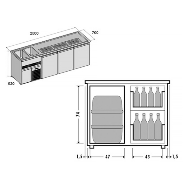 Comptoir à bière Premium PLUS - 2500x700mm - 1 porte & 4 tiroirs