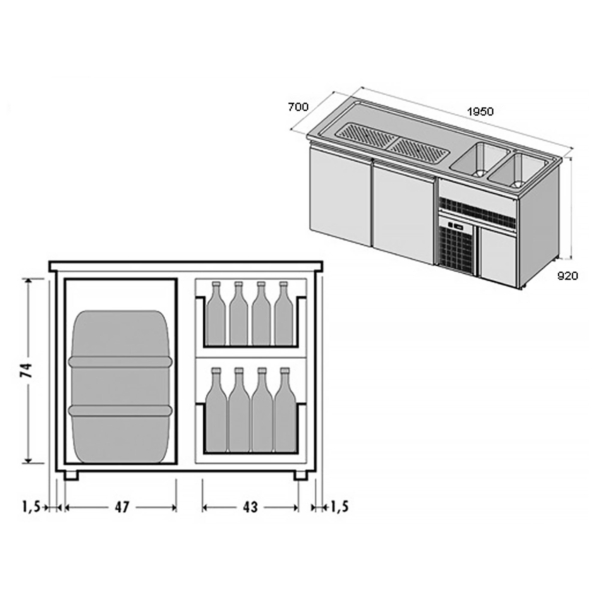 Comptoir à bière Premium PLUS - 1950x700mm - 1 porte & 2 tiroirs