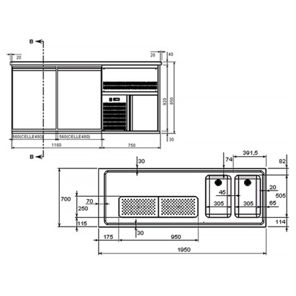 Comptoir à bière Premium PLUS - 1950x700mm - 1 porte & 2 tiroirs