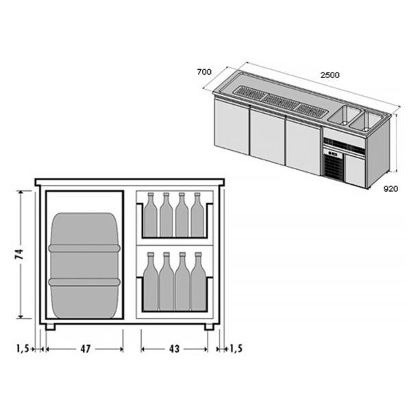 Comptoir à bière Premium PLUS - 2500x700mm - 1 porte & 4 tiroirs