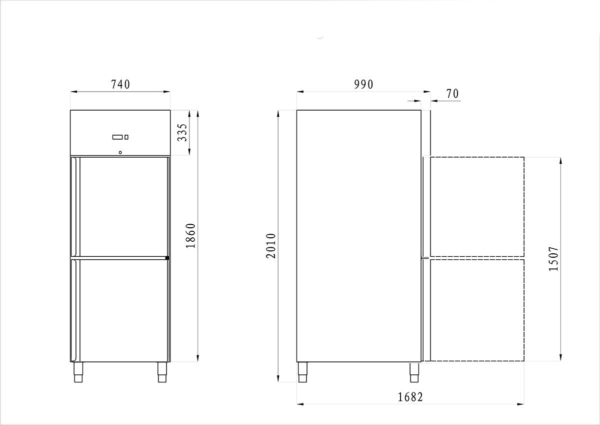 Congélateur pour boulangerie en acier inoxydable PREMIUM - EN 60x80 - 600 Litres - 1 porte, rails et étagères