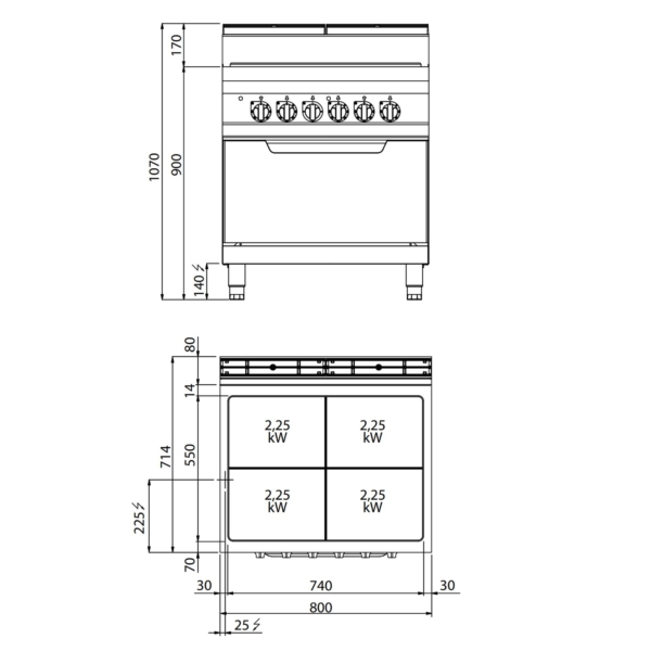 Plaque de cuisson électrique - 9 kW - avec four électrique statique - 7,5 kW