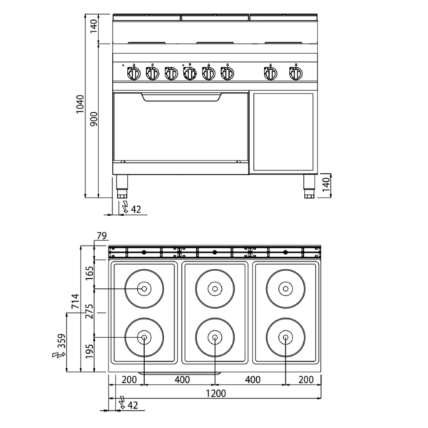 Cuisinière électrique - 15,6 kW - 6 plaques rondes - Four électrique statique inclus - 7,5 kW