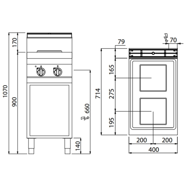 Cuisinière électrique - 5,2 kW - 2 plaques carrées