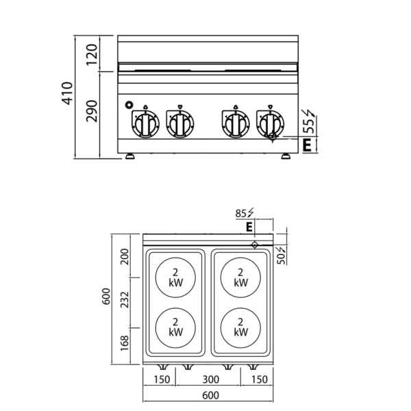 Cuisinière électrique - 8 kW - 4 Plaques Ronde