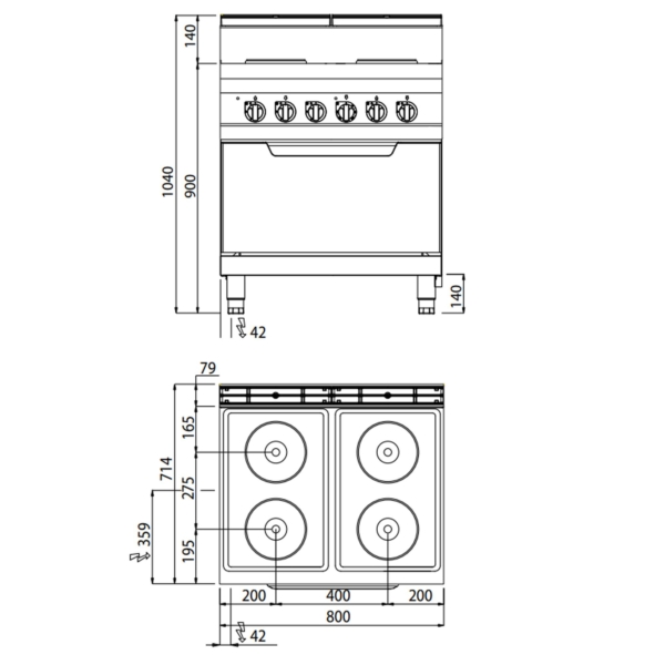 Cuisinière électrique - 10,4 kW - 4 plaques rondes - Four électrique statique inclus - 7,5 kW