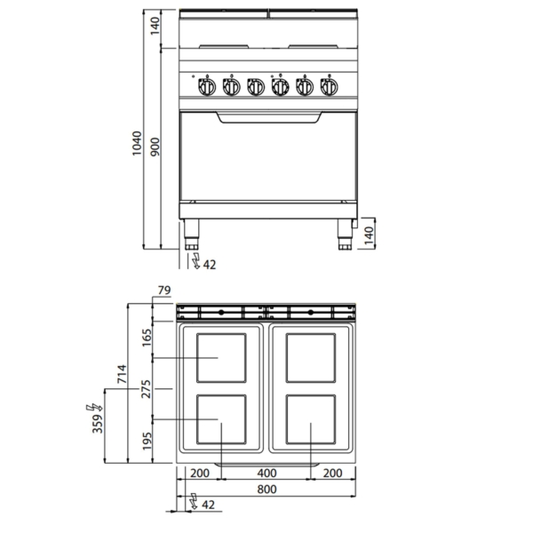 Cuisinière électrique - 10,4 kW - 4 plaques carrées - Four électrique statique inclus - 7,5 kW