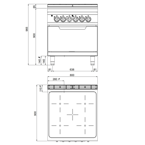 Four à infrarouges - 16 kW - 4 plaques de cuisson - Four électrique statique inclus - 7,5 kW