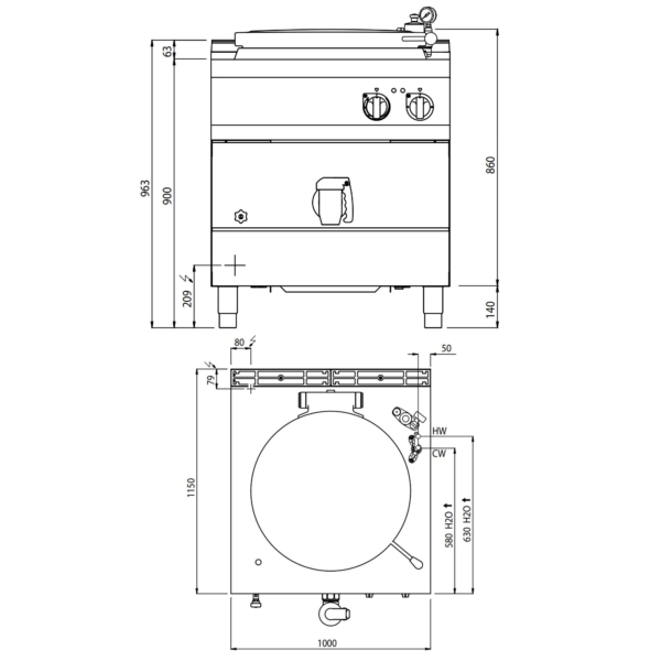 Marmite électrique - 200 litres - 32 kW - Chauffage indirect