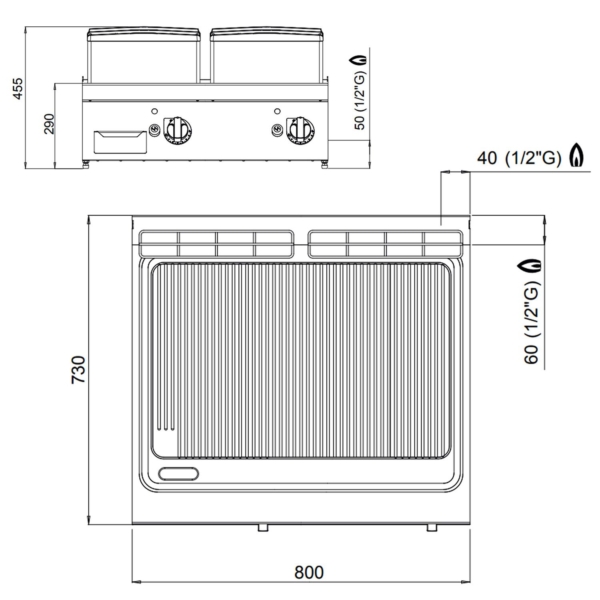 Plaque à frire à gaz - 13,8 kW - Lisse & Rainurée