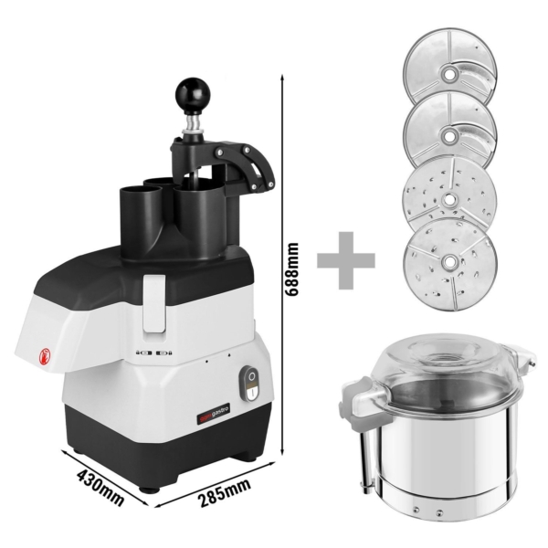 Hachoir à légumes compact électrique - 735 watts - Incluant 4 disques de coupe/râpage et un accessoire de coupe - Couvercle rabattable