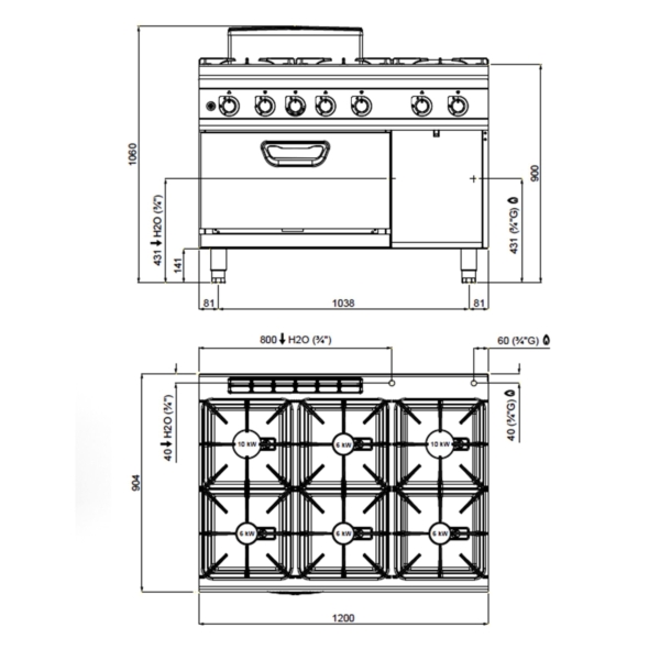 Fours à gaz - avec 6 brûleurs - 44 kW - incluant un four à gaz - 7,8 kW