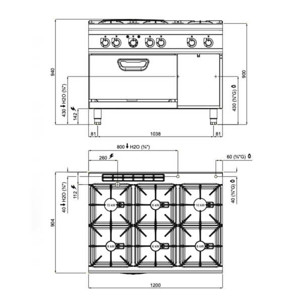 Fours à gaz - avec 6 brûleurs - 44 kW - incluant un four électrique - 4,68 kW